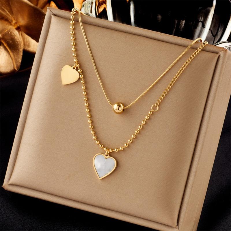 Gold Plated Stainless Steel Double Layer Mother of Pearl Heart Necklace
