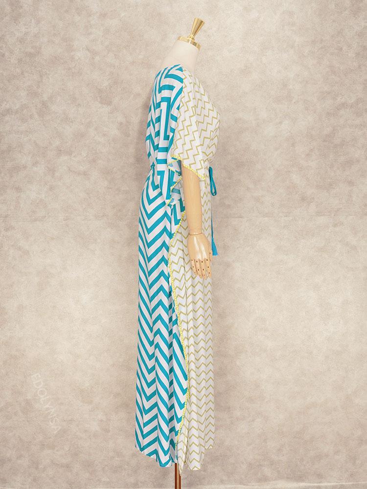 EDOLYNSA Bohemian Gestreiftes Patchwork Sexy V-Ausschnitt Selbstgürtel Hohe Taille Lockeres Kleid Baumwolltunika Damen Übergröße Maxikleider