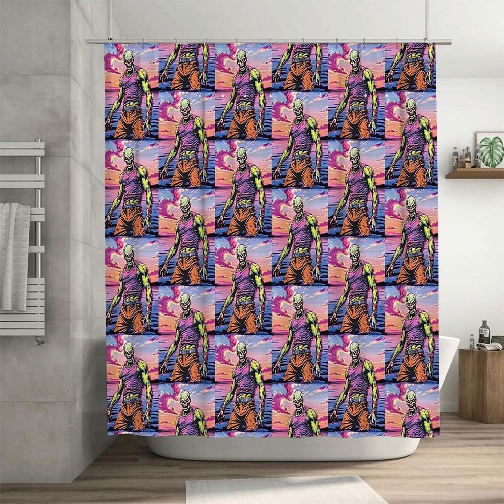 Spooky Zombie Shower Curtain Horror Movie Theater Gothic Decor Halloween Bathroom Set Vintage Retro Style Wall Art