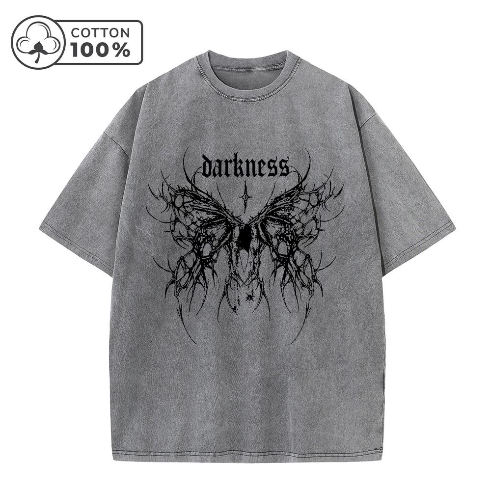 

Mens Gothic Butterfly Print Casual Washed TShirt Summer Loose Fit Pure Cotton Crew Neck Short Sleeve Retro Street Style Top S