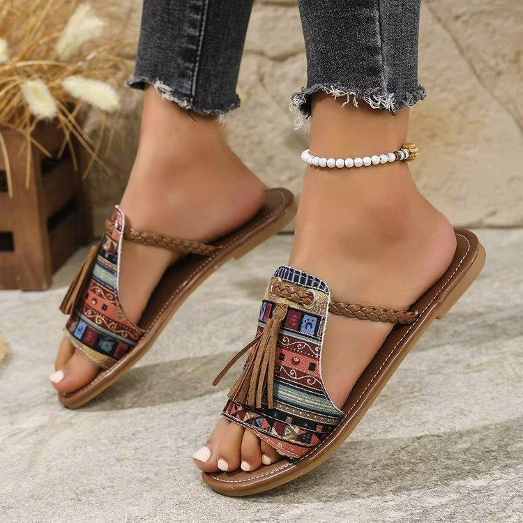 Fashion Low Beach Shoes Woman's Slippers Fringe Big Size Slides Sabot 2025 Flat Summer Fabric Rubber Hoof Heels PU Shoes Big Size Low Fr