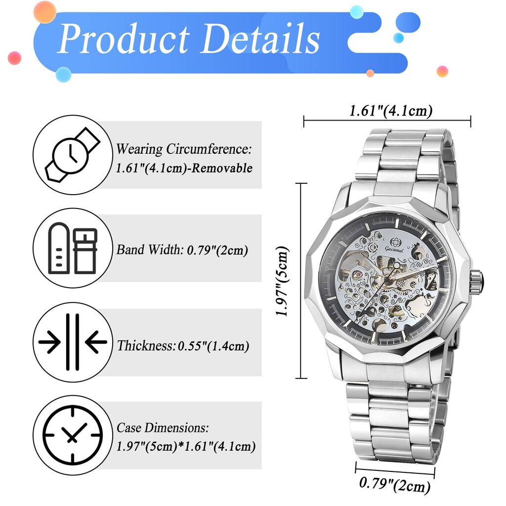 Men's Automatic Mechanical Skeleton Watch Luminous Analog Display Antique Waterproof Stainless Steel Band Casual Business Silver Gold black -