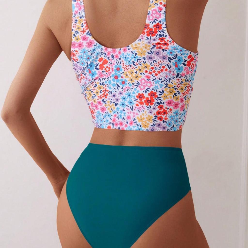 European & American Women's High-Waist Backless Print One-Piece Swimsuit