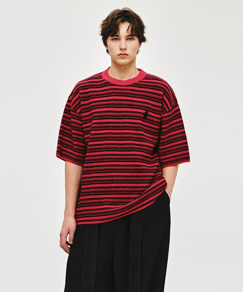 ZIOSONGZIO Semblance Boucle Stripe Crewneck Knit Red Zi2Kt874Rd