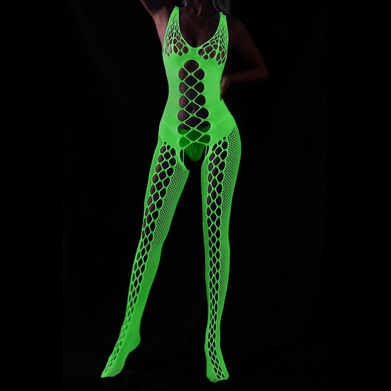 Sex underwear large size luminous flirting net clothes can be torn sexy hollow light one-piece socks open crotch fishing net socks