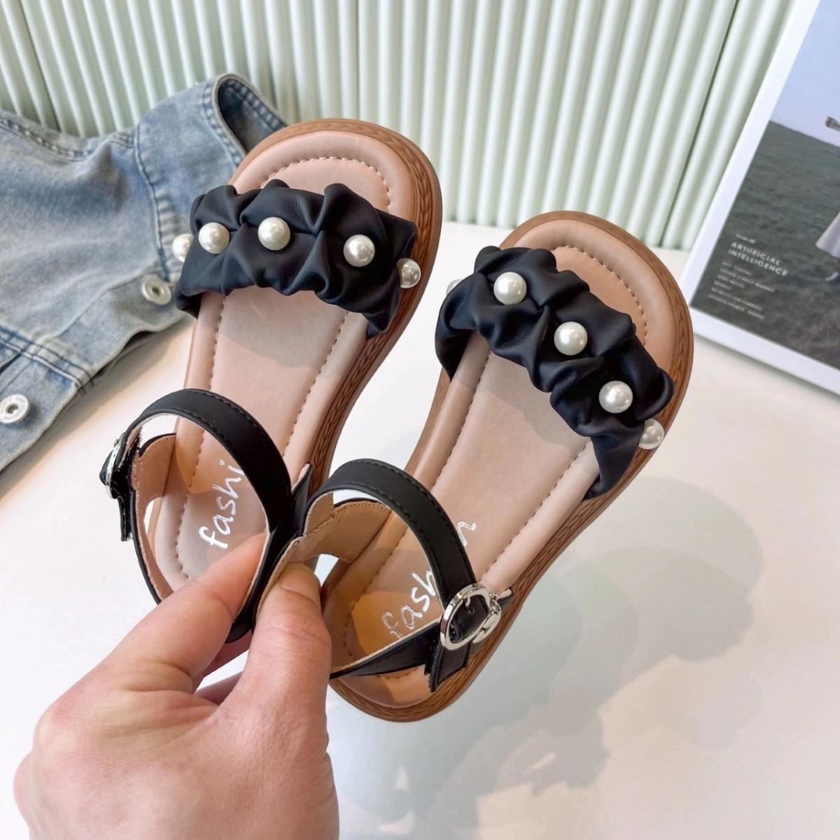 

Босоножки для девочек с плиссировкой и жемчугом, открытые носки, детские туфли принцессы Мэри Джейн для вечеринки, свадьбы, летняя пляжная обувь, простые 23