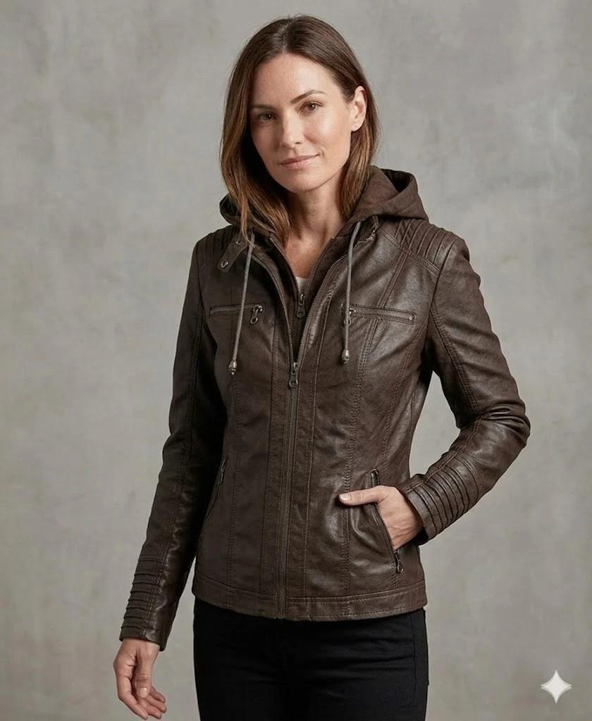 

Brown Hoodie Jacket Genuine Lambskin Leather Casual Fit Stylish Women s Handmade 3XL коричневий