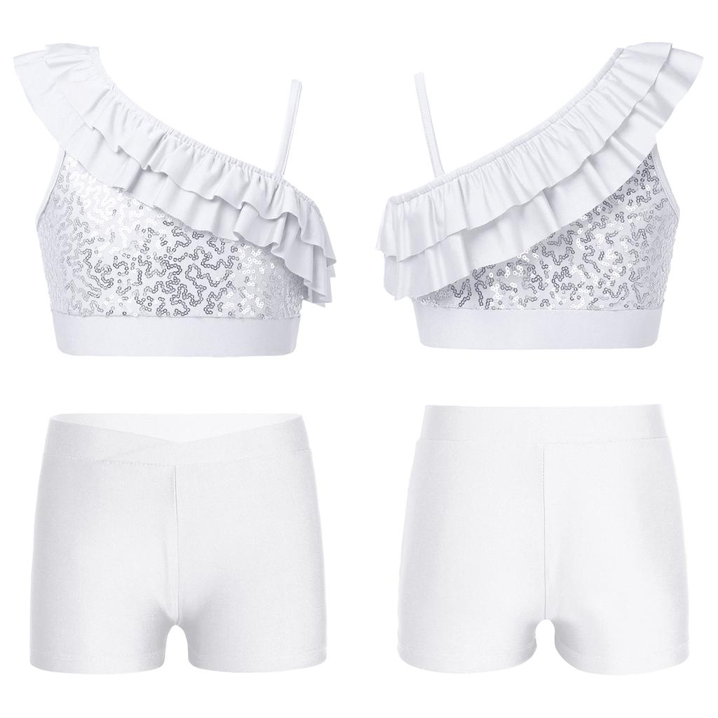 Glossy Sequin Asymmetrical Ruffled Shoulder Top and Shorts 2Pcs Dance Costume Set for Kids Girls