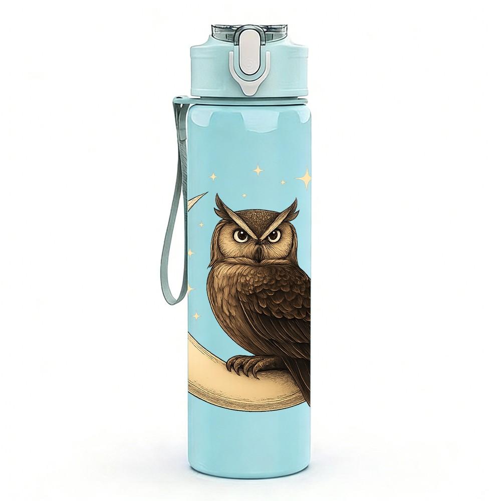 1PC Crescent Moon Owl Print 750ml Color Plastic Sports Water Bottle Leakproof Flip Straw Lid Suitable for Sports Office Home Use