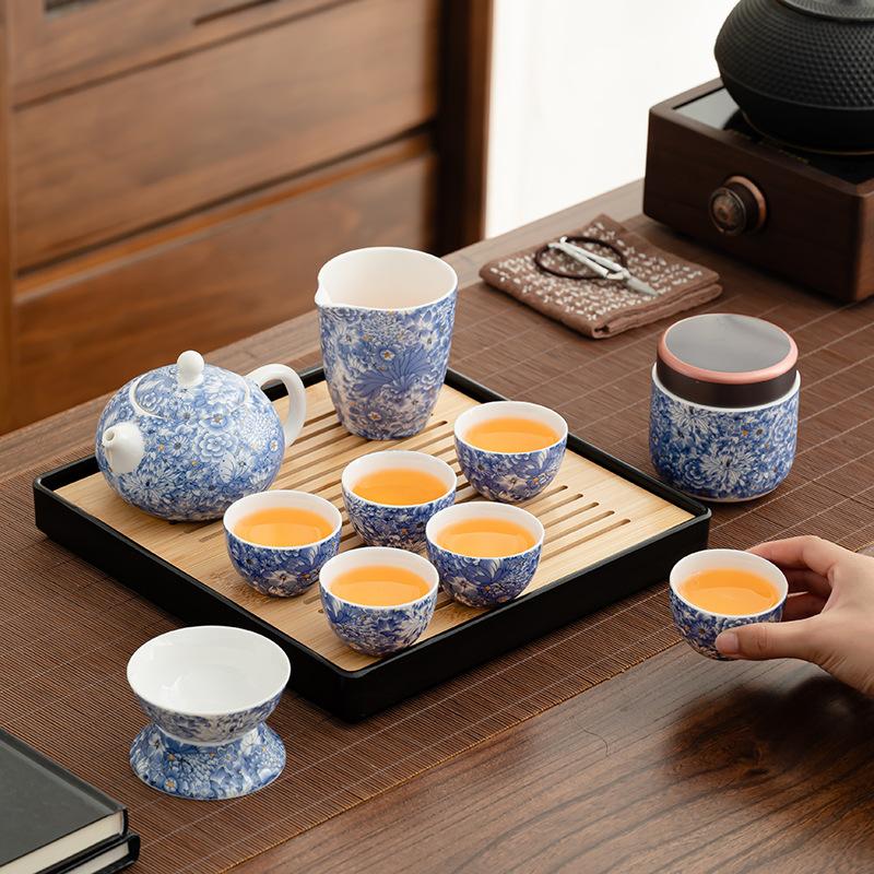 White porcelain flower tea set, household teacup, teapot cover bowl, office tea, high-end gift box