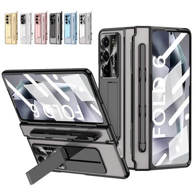 For Samsung Galaxy Z Fold 8 Ultra / 7 6 5 4 3 Transparent Plating PC Hinge Protect Full Body Stand Pen Slot Case +Tempered Glass