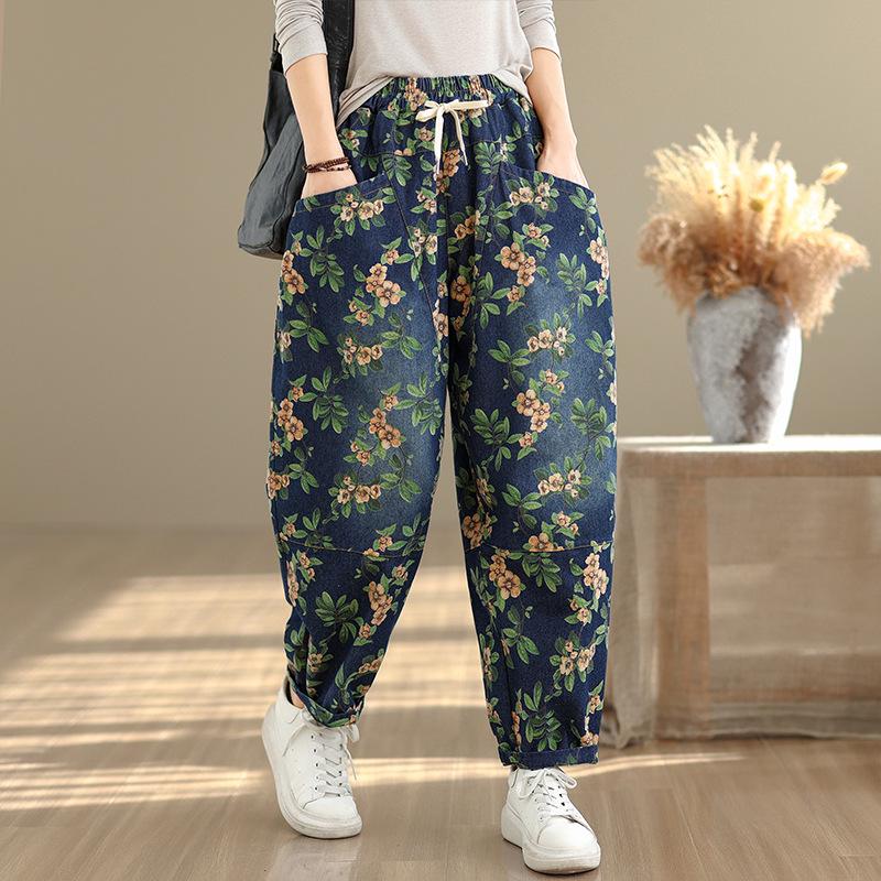 

New Plus Size Retro Artistic Loose High Waist Denim Harem Pants Double Extra Large