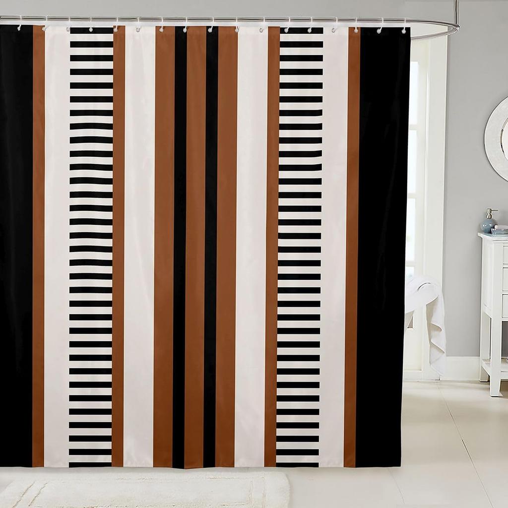 Elegant Modern Waterproof Shower Curtain Black White Brown Stripe Pattern Polyester Bathroom Liner Curtain for Home Decor Access