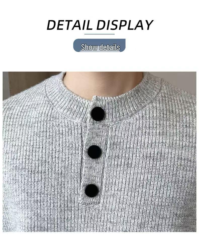 Gray Retro Henley Neck Men's Winter Sweater - Warm, High-End Knit for Cold Protection