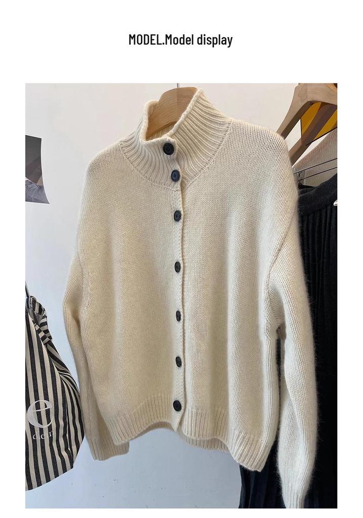 2025 Autumn/Winter Women's 100% Pure Wool High Neck Cardigan - Solid Color, Long Sleeve, Buttoned Wool Knit Sweater.