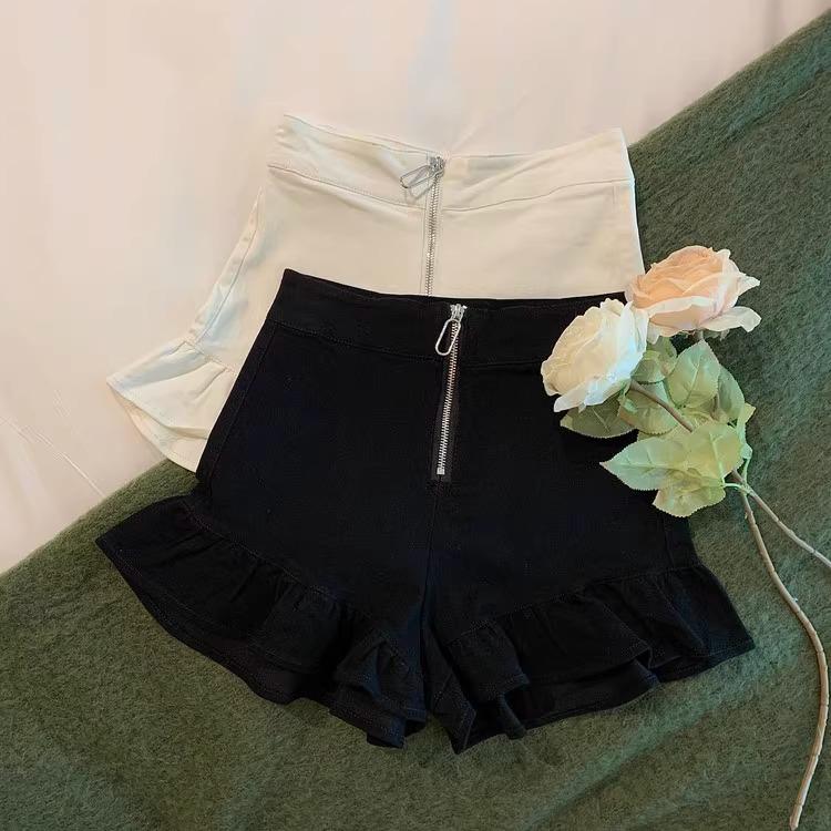 Autumn 2024 Women's Black High-Waisted Ruffle Wide-Leg Shorts - Spicy Girl Trendy Slimming Casual Pants