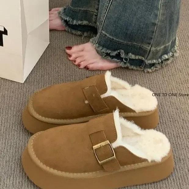 Fashion Shoes Woman 2025 Round Toe Clogs Platform Loafers Fur Female Footwear New Winter Creepers Dress Rubber Med Fabric Snow Boots Sli