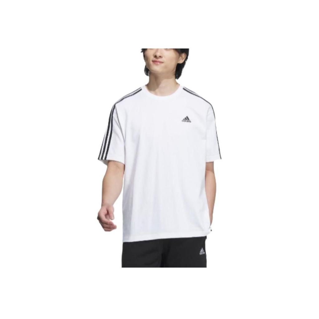 Adidas Striped Print Sports Crew Neck Short Sleeve T-Shirt Men Tops White JF3946
