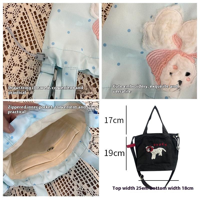 Cute Embroidery Women'S Drawstring Shoulder Bag Cartoon College Girls Book Tote Shopping Bags Large Capacity Female Handbags