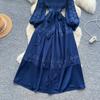 Retro Palace Style Dress for Women In Autumn and Winter A High-end Feel and Straps Waist Cinching Hollow Out Splicing Elegant Long Women Dress