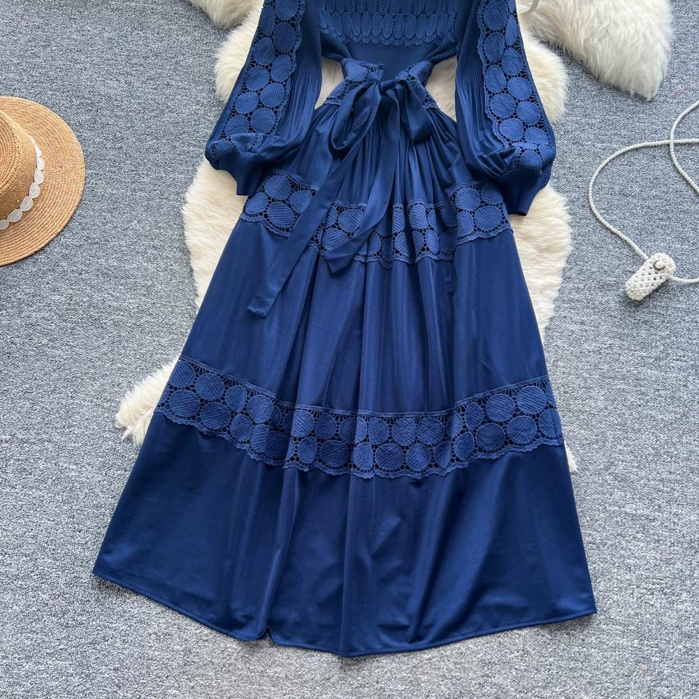 Retro Palace Style Dress for Women In Autumn and Winter A High-end Feel and Straps Waist Cinching Hollow Out Splicing Elegant Long Women Dress