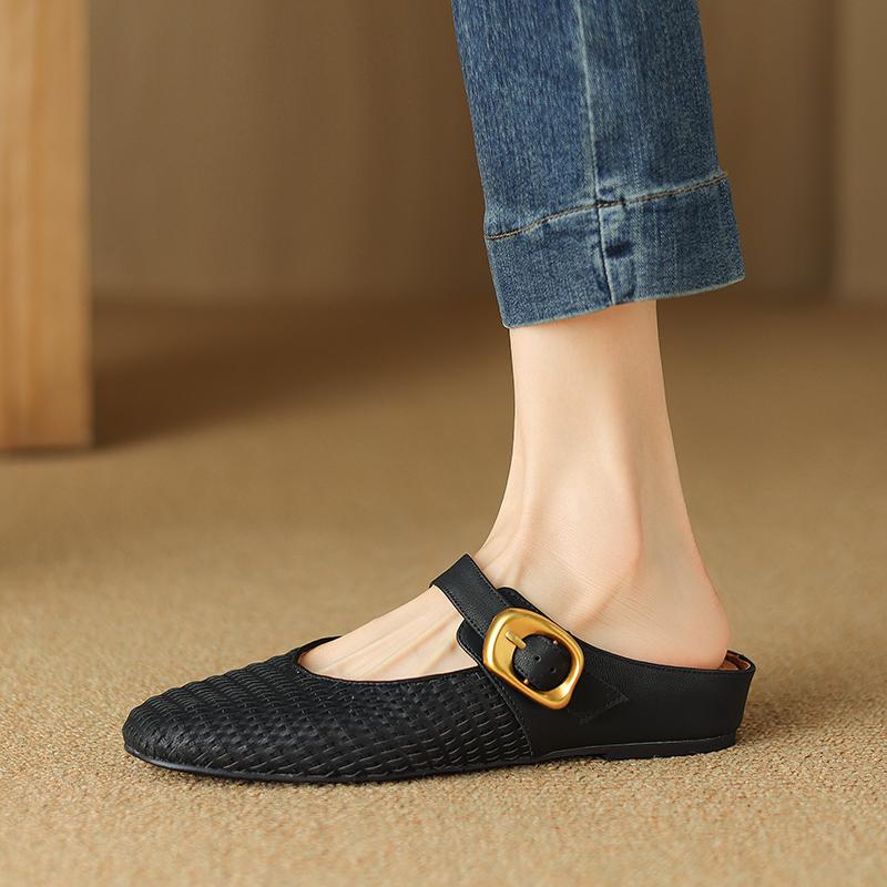 Fashion 2025 New Summer Women Mules Genuine Leather Women Shoes Round Toe Chunky Heel Shoes Cover Toe Slingback Sandals Slippers
