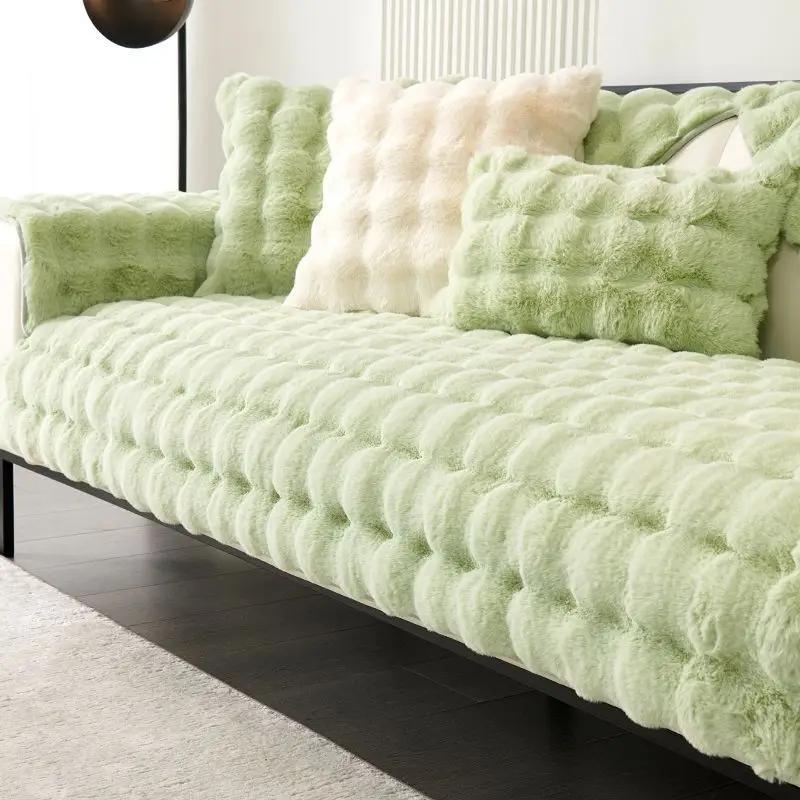 Winterwarmes, superweiches Sofahandtuch aus Kaninchenplüsch, verdickter Blasensamt, rutschfester Sofabezug, rutschfester L-förmiger Couchbezug