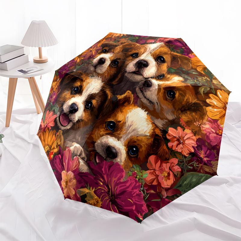 0106 Dog In Flower Bush  Pattern, Automatic Folding Umbrella, Portable and Foldable Design, 8 Ribs, a Christmas or Birthday Gift.
