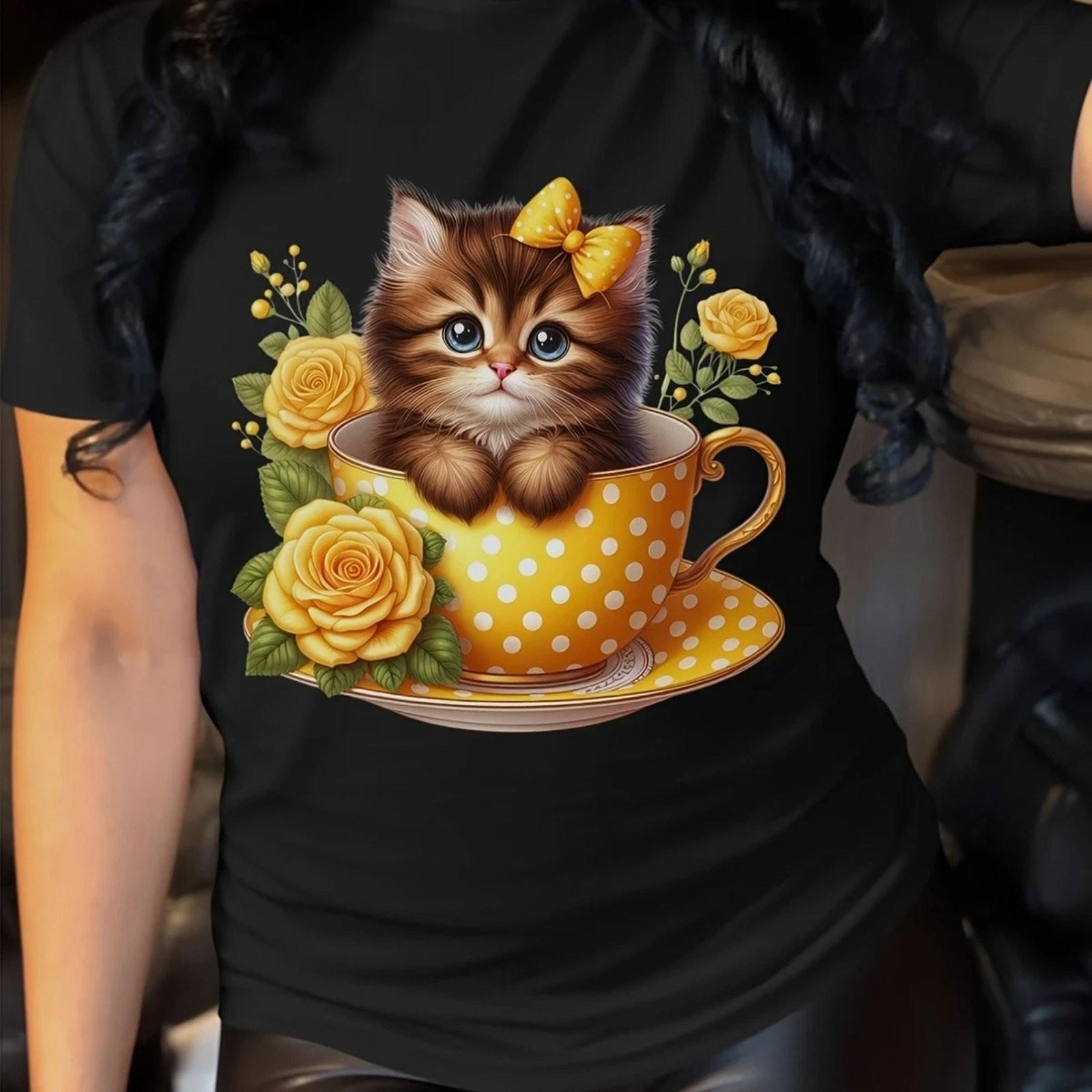 Cute Floral Cat Lover Teacup Kitten Graphic Tee Womens Vintage Cotton T-Shirt L