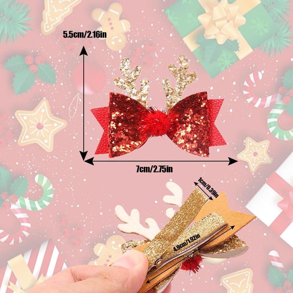 Set of 4 Christmas Hair Accessories: Deer Antler Christmas Hairpins, Ribbon Hair Clips, Cute Reindeer Christmas Hair Ornaments with Pom Poms, Cosplay