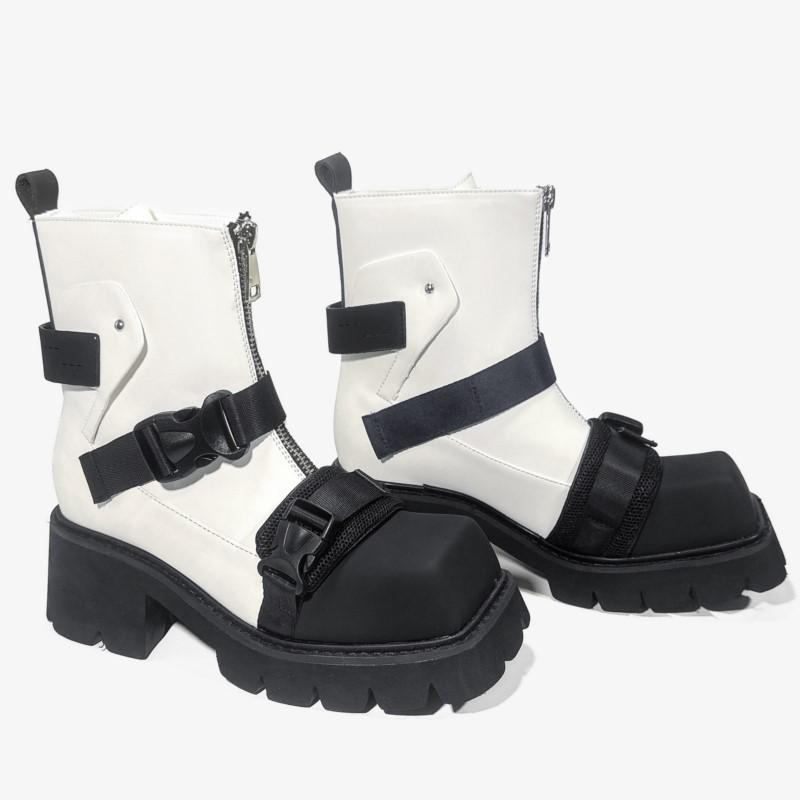 Mode 2025 Neue Klobige Plateau Kampfstiefel Damen Eckige Zehenpartie Mittlere Wade Schwarz Motorrad Stiefeletten Fleecegefüttert Herbst Frühling Trend