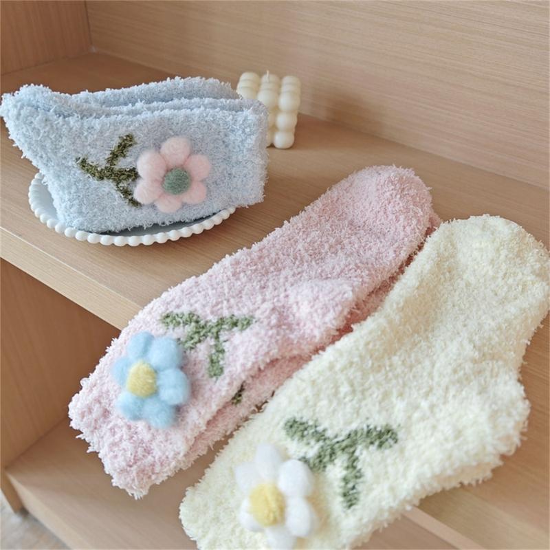 Japanese Women Girl Cute Coral Fleece Slipper Socks 3D Plush Flower Thicken Warm Thermal Fuzzy Floor Sleeping Socks
