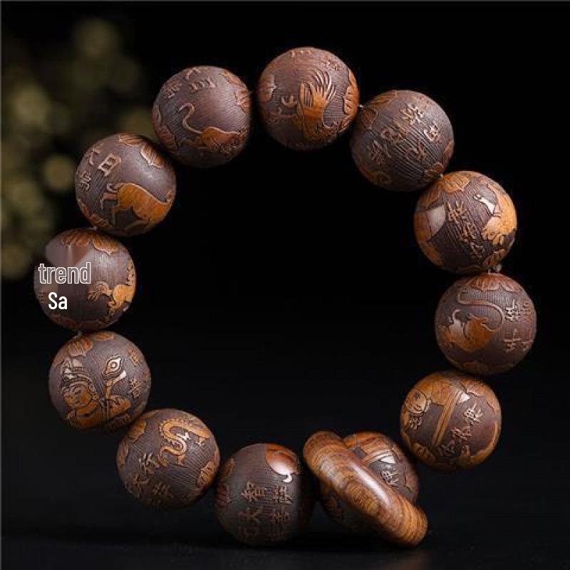 Yellow Rosewood Ethnic Style 12-Bead Bracelet: 20mm Finely Carved Plain Beads for Men and Women.