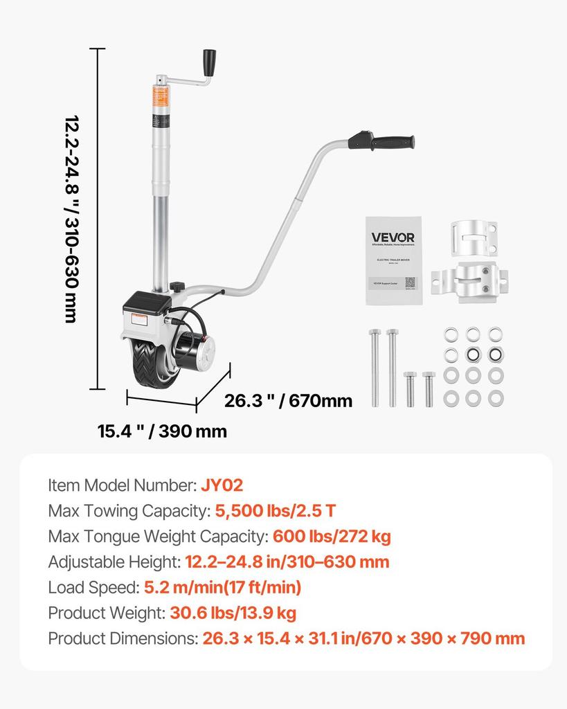 Electric Trailer Dolly, 2.5 T Towing Capacity, 380W 12V Motorized Jockey Wheel with 7 m/min Moving Speed, 31-63 cm Adjustable Clamp Height & 20.3 cm