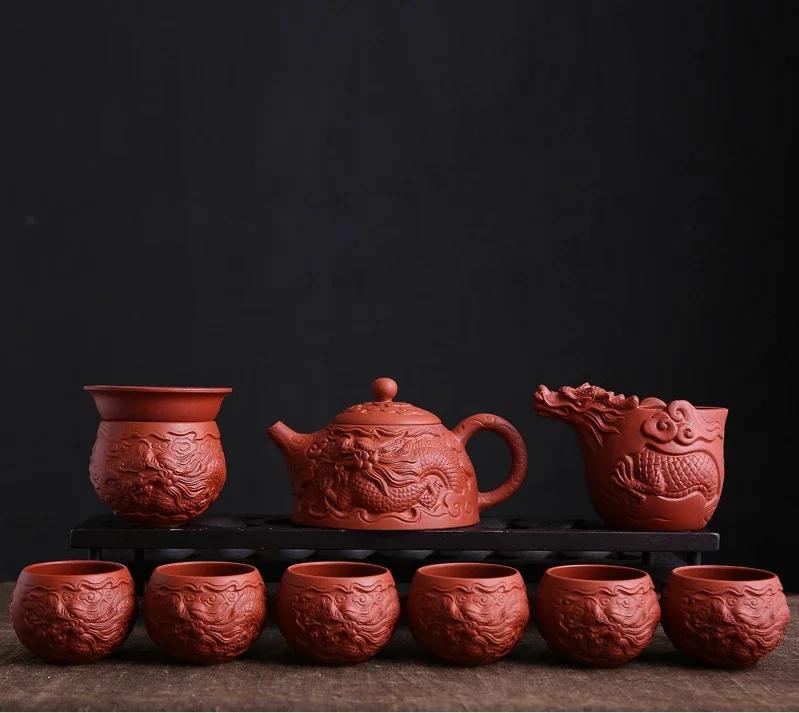 10pcs/set High End Retro Relief Purple Clay Kung Fu Tea Set, Home Living Room, Original Mineral Red Clay Tea Cup, Tea Pot