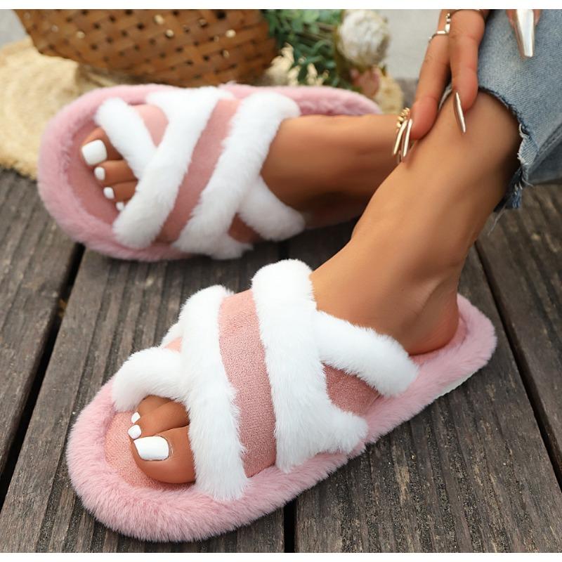 Fashion Fashion Fluffy Cross Strap House Slippers for Women Autumn Winter Warm Furry Slides Shoes Woman Indoor Comfort Flat Fur Slippers