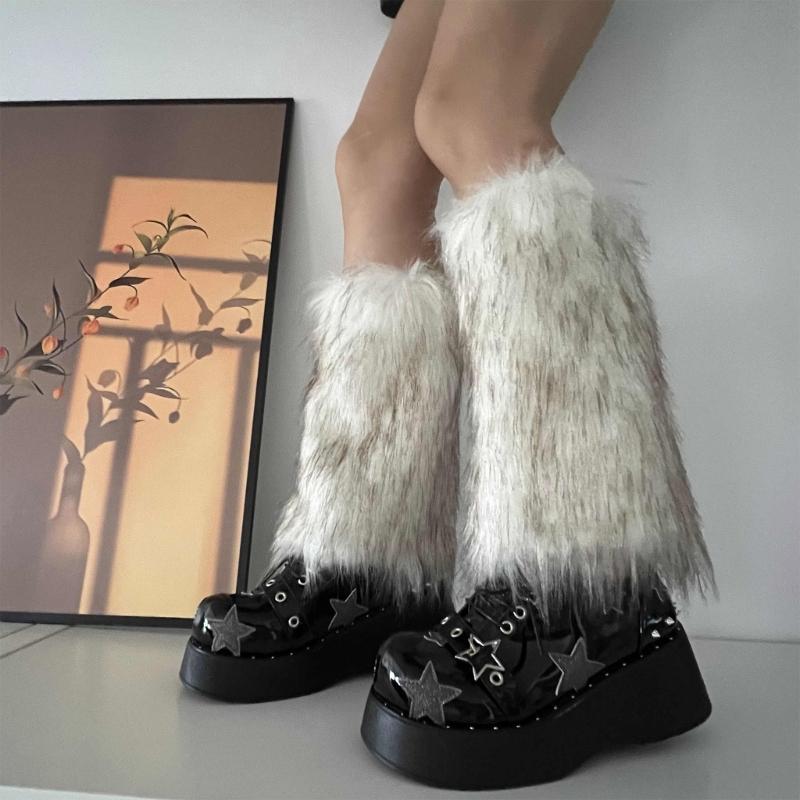 Fuzzy Faux Furs Leg Warmers Furs Heels Long Boots Cuffs Cover Has Elastic One Pair Carnivals Boot Cover Y2K JK Uniform