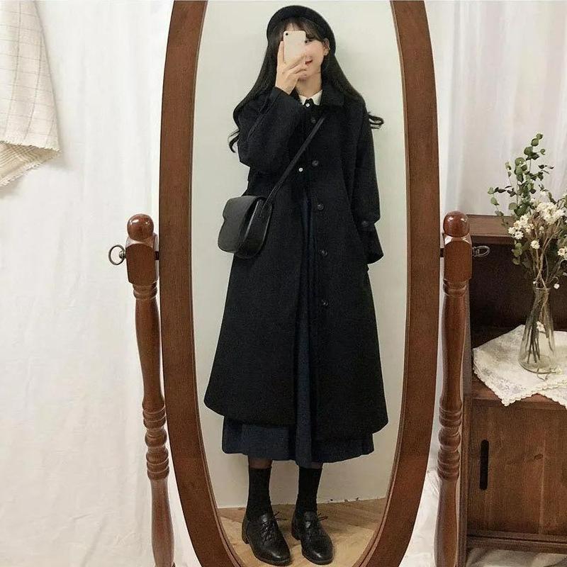 Hepburn Style Black Woolen Coat Women's Autumn and Winter Mid-length Coat