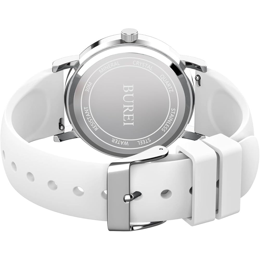 BUREI Women's Analog Quartz Watch White Waterproof Date Slim Lightweight Silicone Band Casual Business