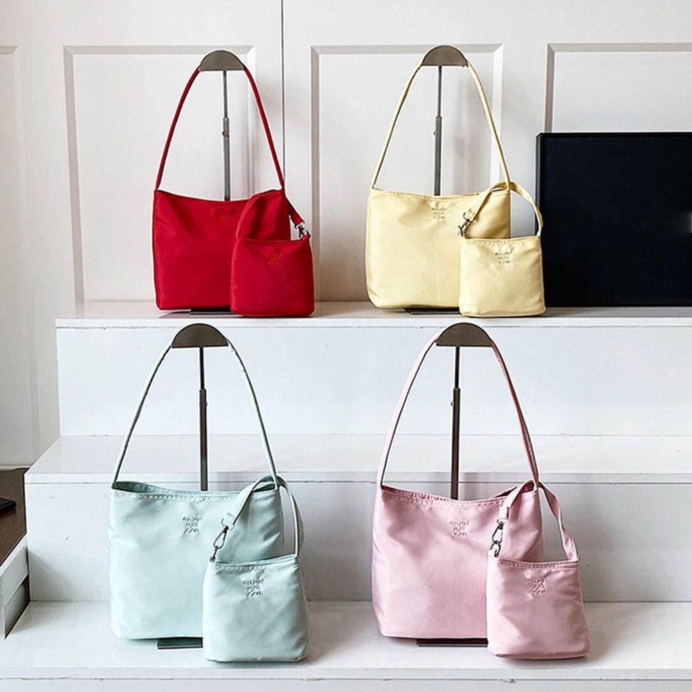 Korean Style Nylon Tote Bag Pure Color Handbag Embroidery Letter Underarm Bag All-match Large Capacity Cloth Shoulder Bag Women