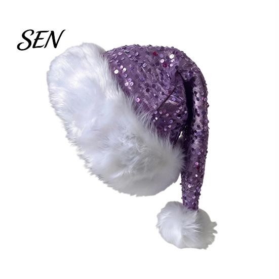 Santa Hat Christmas Sparkly for Women Men, Glitter Sequin with White Fluffy Trim Festive Costume Accessories Cosplay And Pom Pom, Holiday Party Bling
