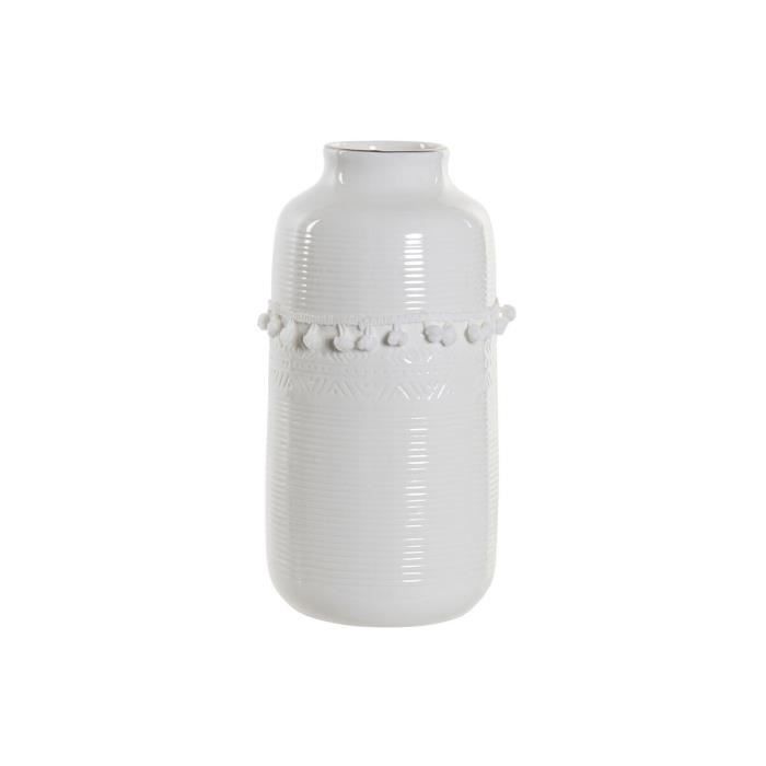 Vase décoratif - Design Boho - 24 cm - Grès blanc - Style ethnique - Avec pompon