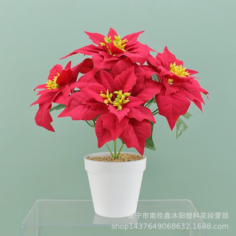 Artificial Poinsettia Silk Flower 5-Head Christmas Decor Home Holiday Party Wedding