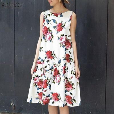 Women Casual O-neck Sleeveless Summer Floral Print Dress