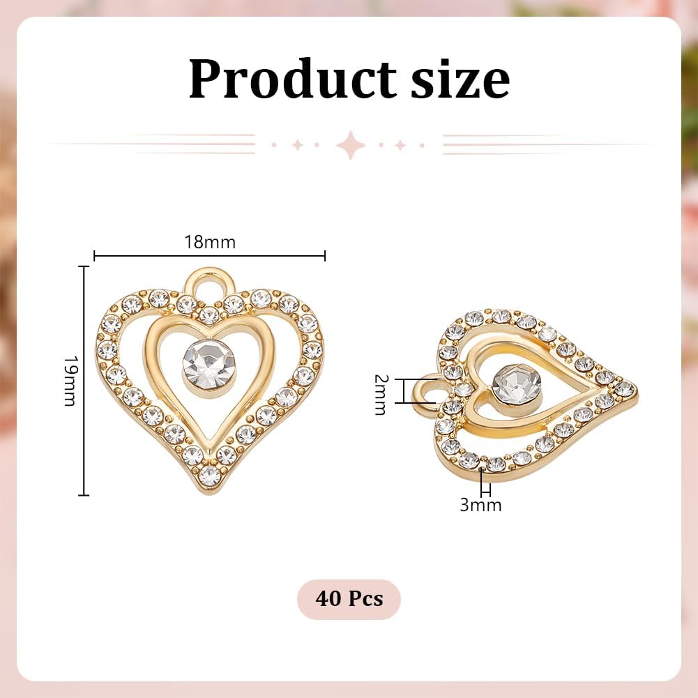 UNICRAFTALE about 40Pcs Rhinestone Heart Charms Golden Heart Charms Love Heart Charms Crystal Pendants Charms Metal Charms Metal Heart Charms DIY