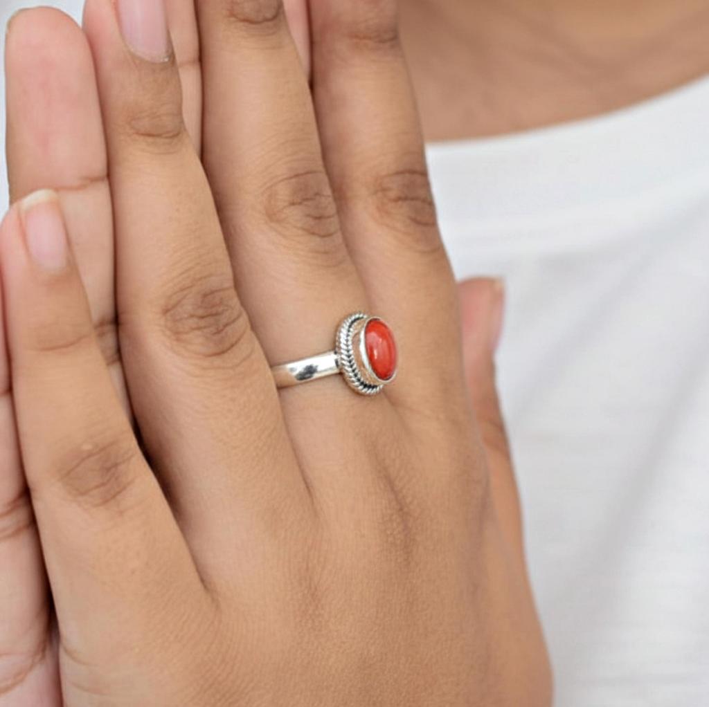 Red Coral Oval Statement Ring, 925 Sterling Silver Ring, Minimalist Handmade Boho Coral Jewelry
