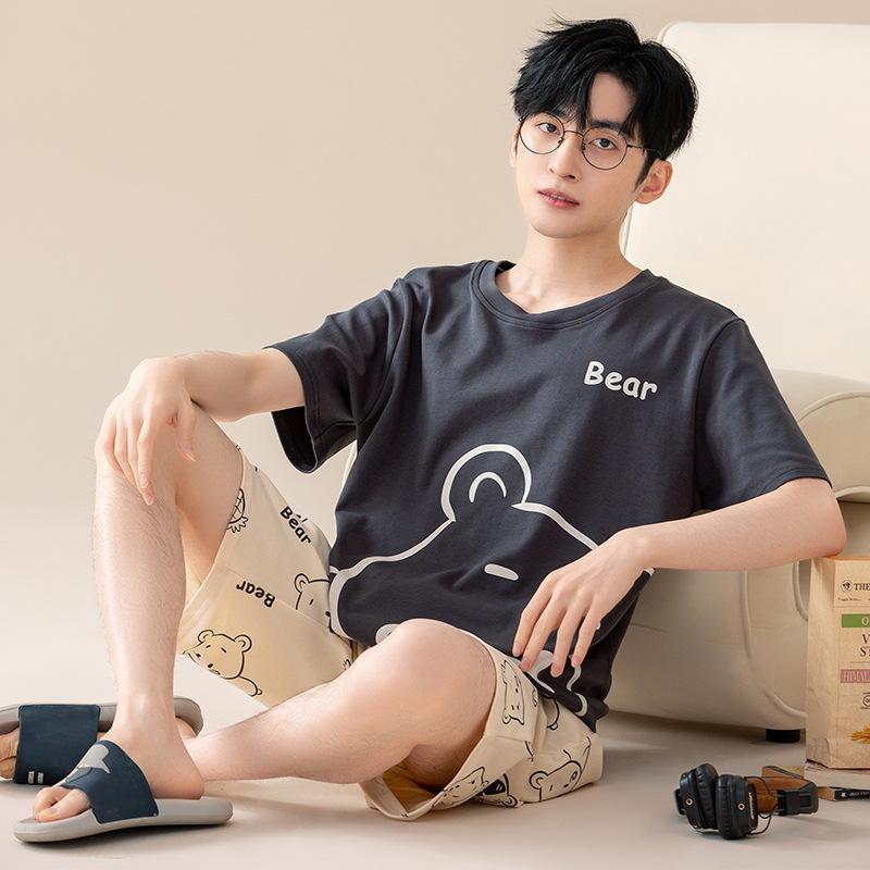 

Мужские новые хлопковые тонкие пижамы, летний свободный костюм с короткими рукавами, домашняя одежда L серый