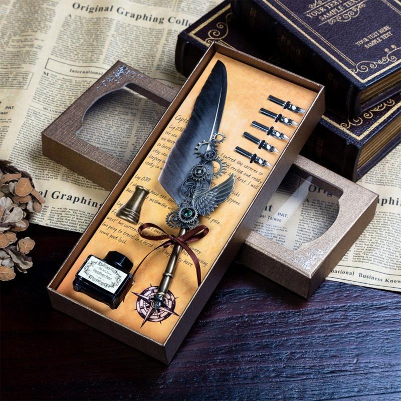 Feather Pen Quill Pen Dip Pen Set with Ink 5x Different Replacement Nibs Pen Holder for Calligraphy Lovers Festival Gift