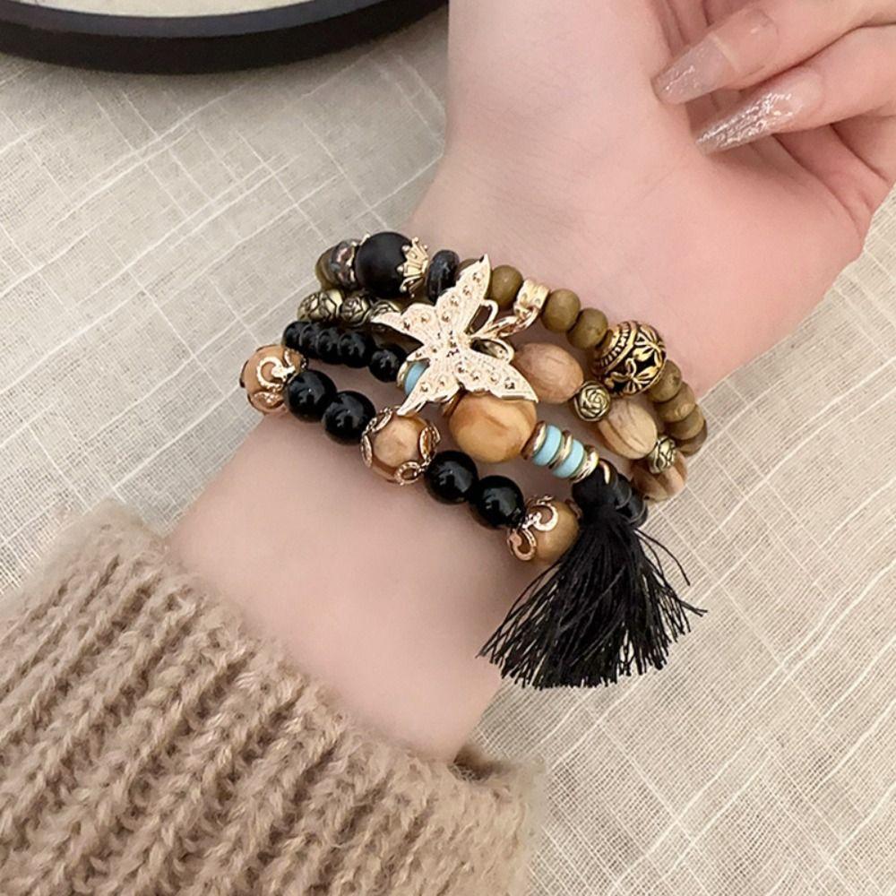 

4pcs/Set Handmade Wood Beads Bracelets Fashion Temperament Multilayer Bracelet Beach