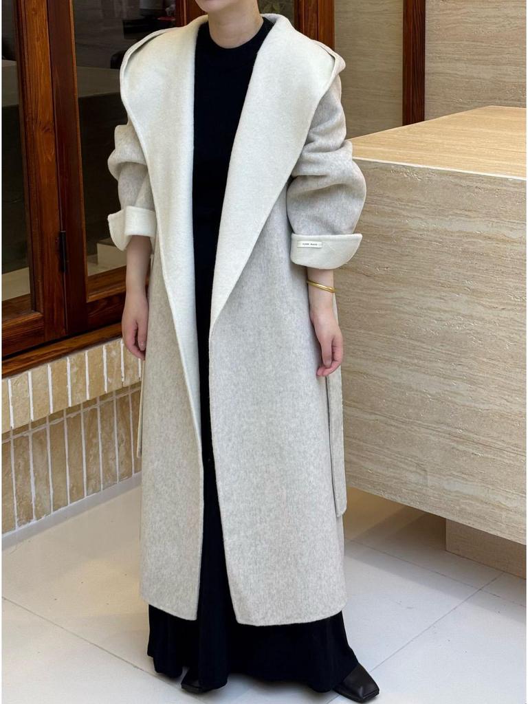 Cloud Floss Women's Double-Faced Wool Coat: Tie-Waist Hooded, Large Lapel, Loose Fit, Thickened Temperament Overcoat.